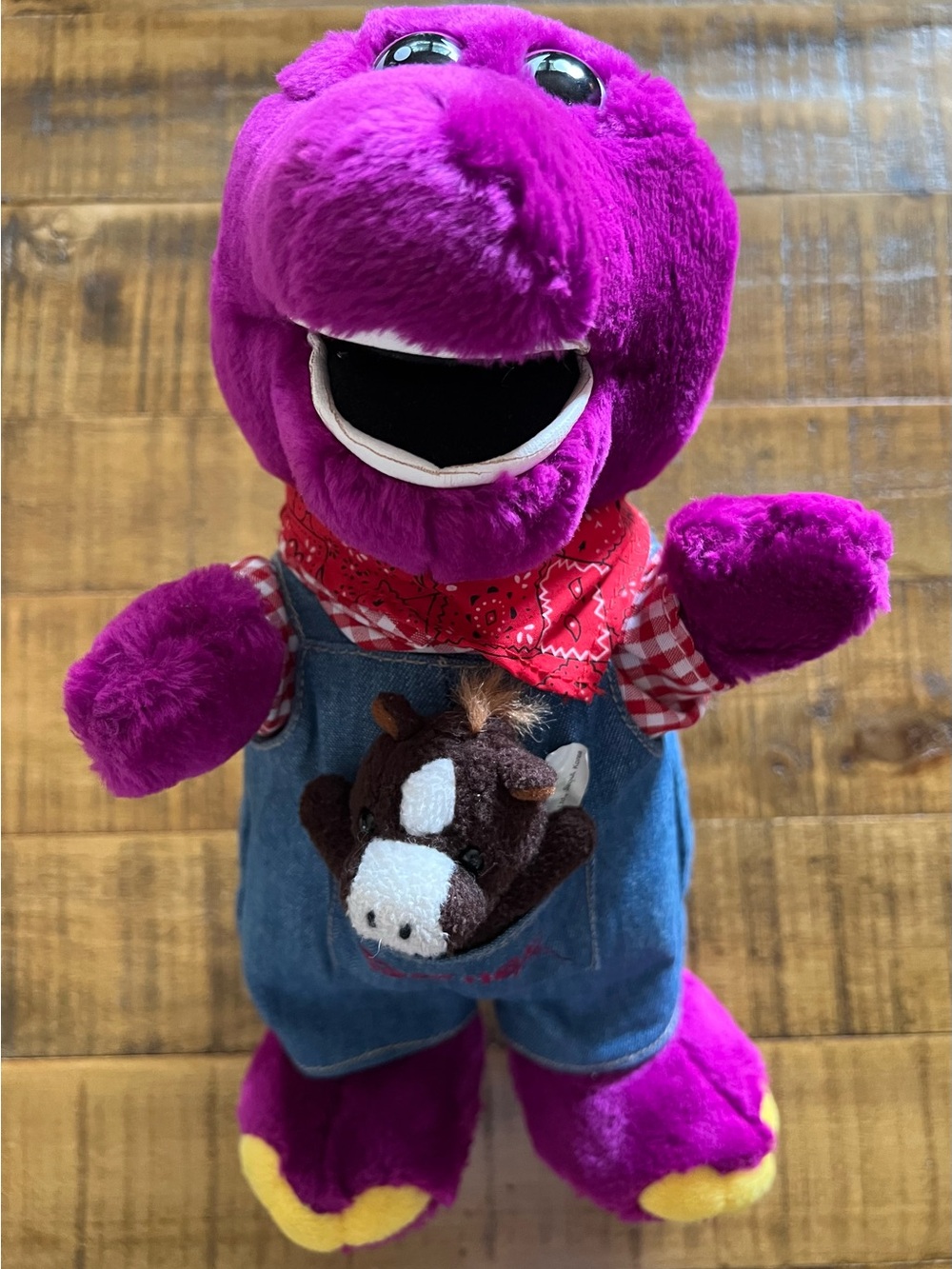 Vintage 1990s Lyons Barney Farmer Plush with Horse Overalls